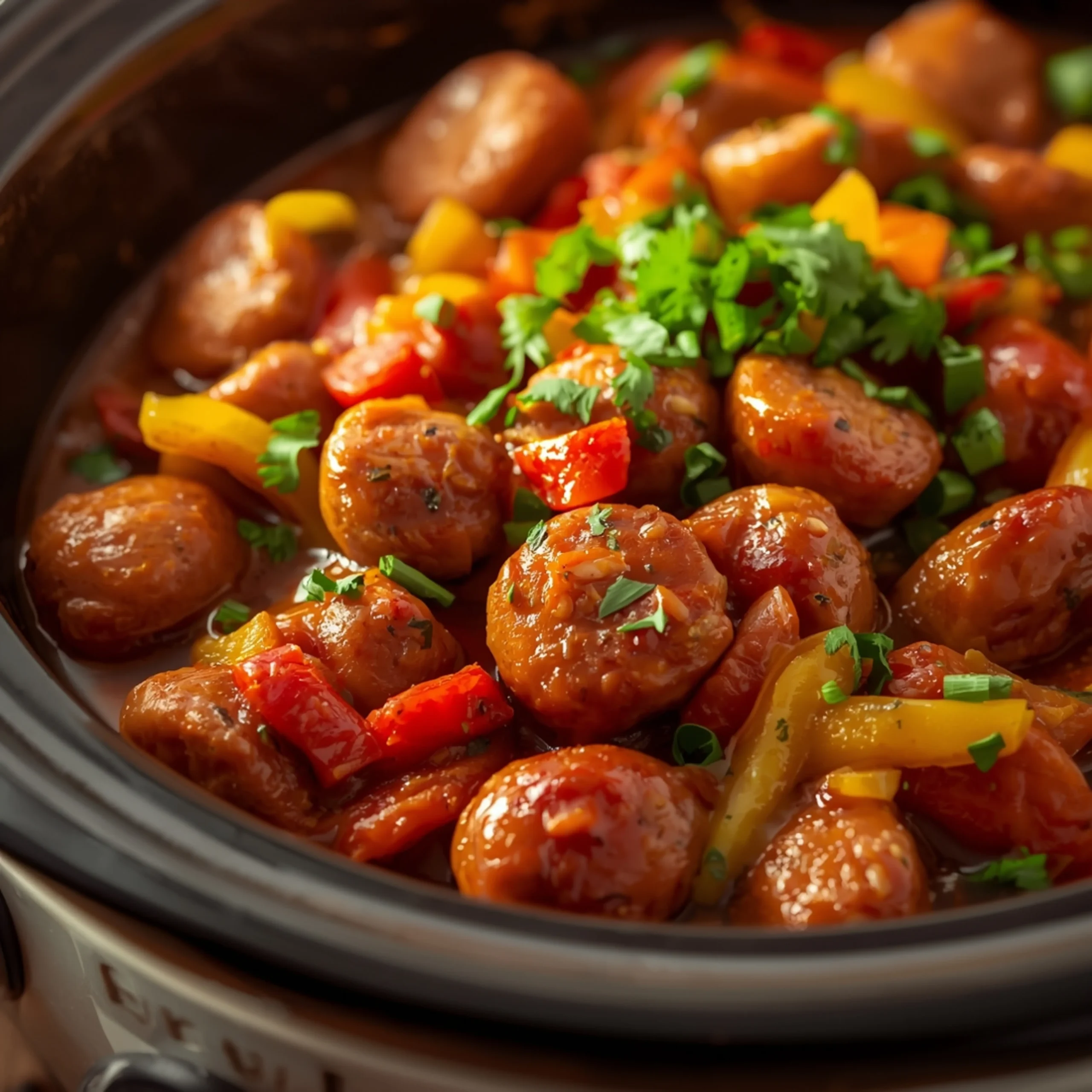 Close-up of Slow Cooker Sausage & Peppers cooked in a Crockpot with fresh herbs and glossy sauce