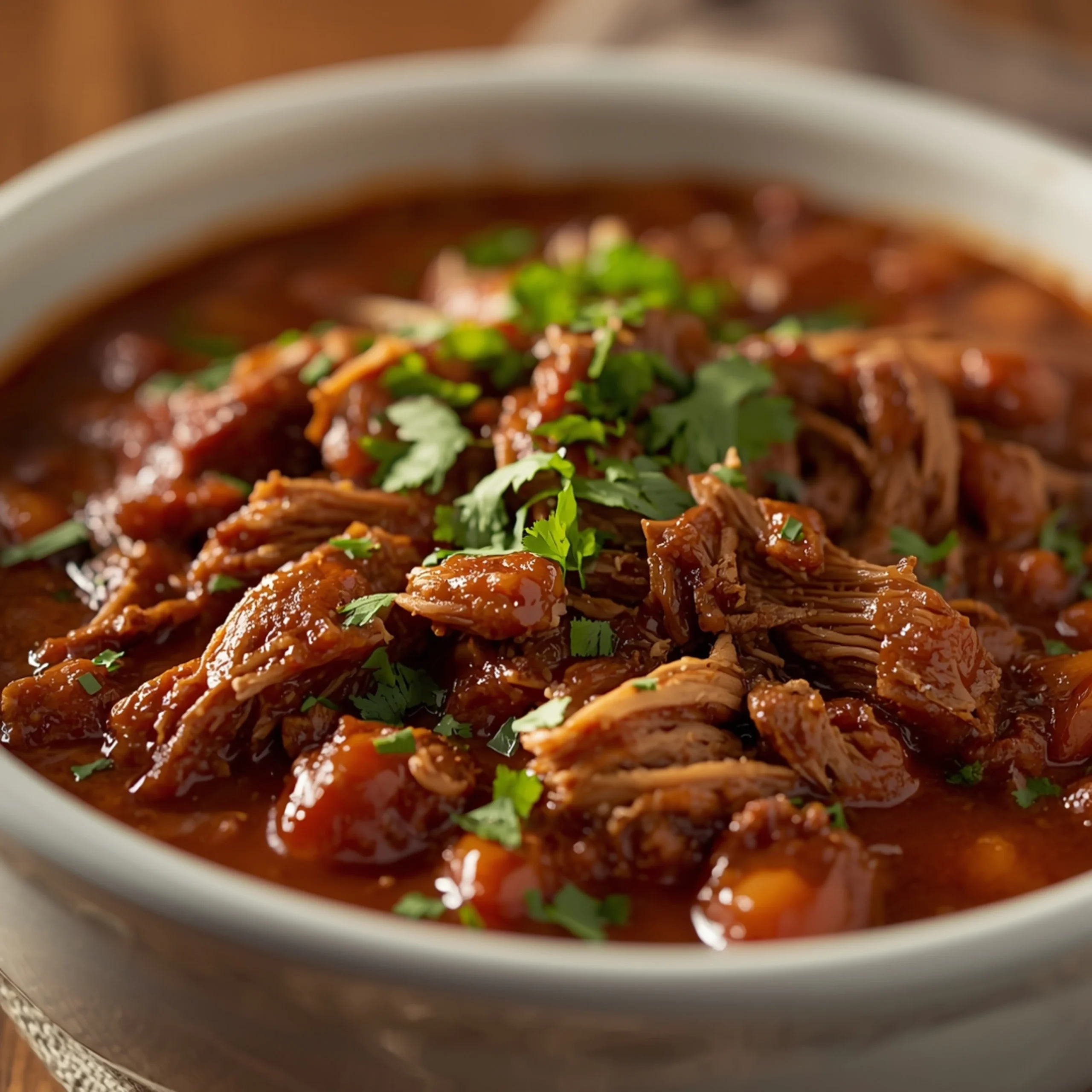 Close-up of Slow Cooker Shredded Beef Chili cooked in a Crockpot with fresh herbs and glossy sauce
