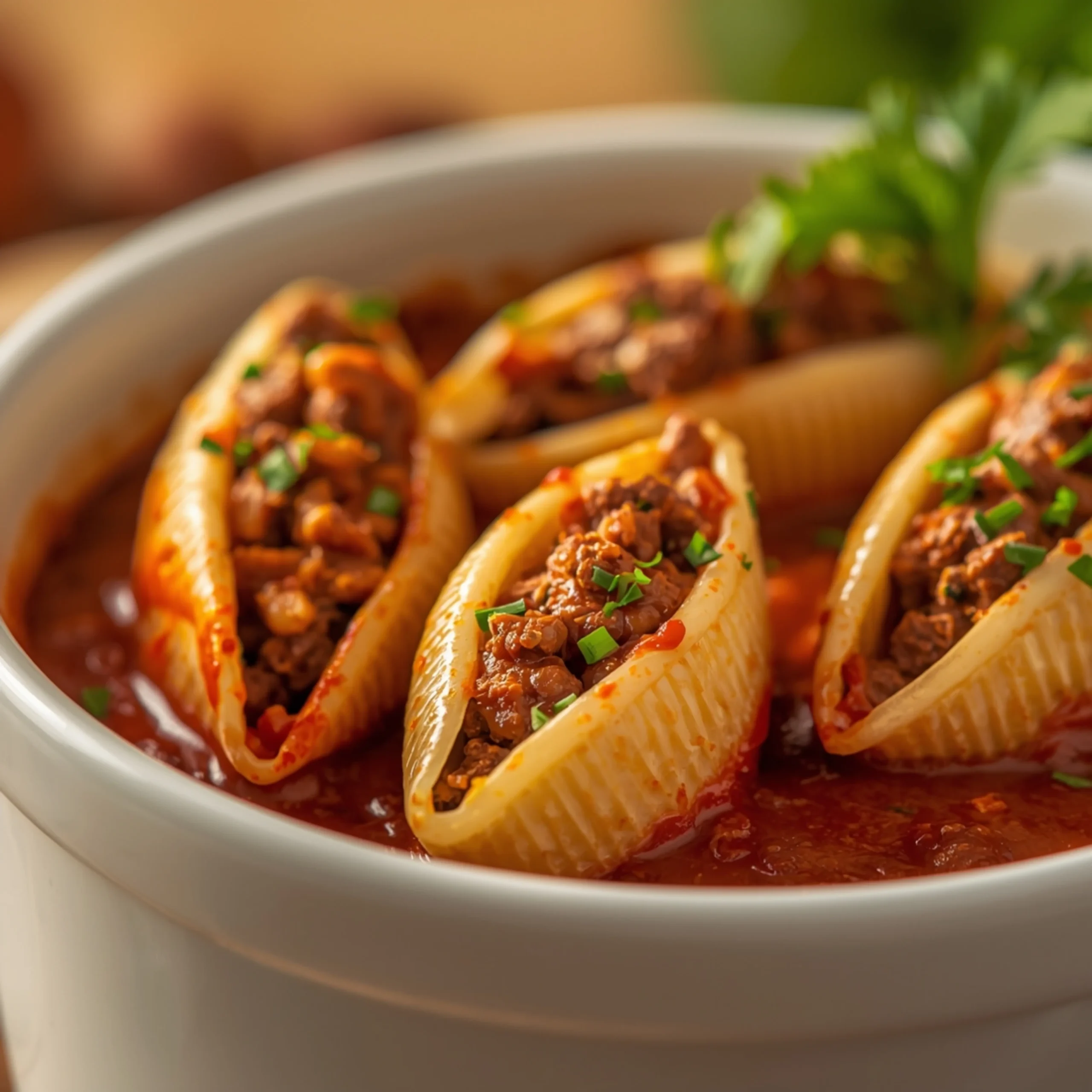 Close-up of Slow Cooker Stuffed Shells with Meat cooked in a Crockpot with fresh herbs and glossy sauce