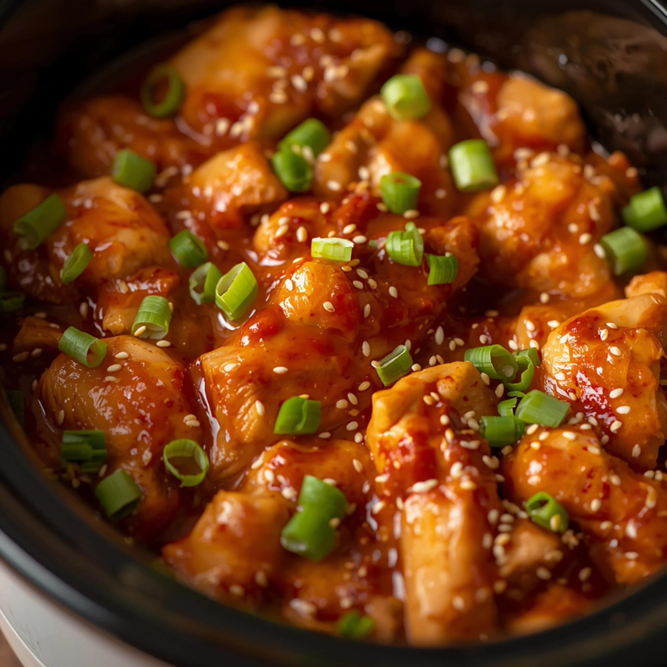 Close-up of Slow Cooker Sweet Chili Chicken Recipe cooked in a Crockpot with fresh herbs and glossy sauce