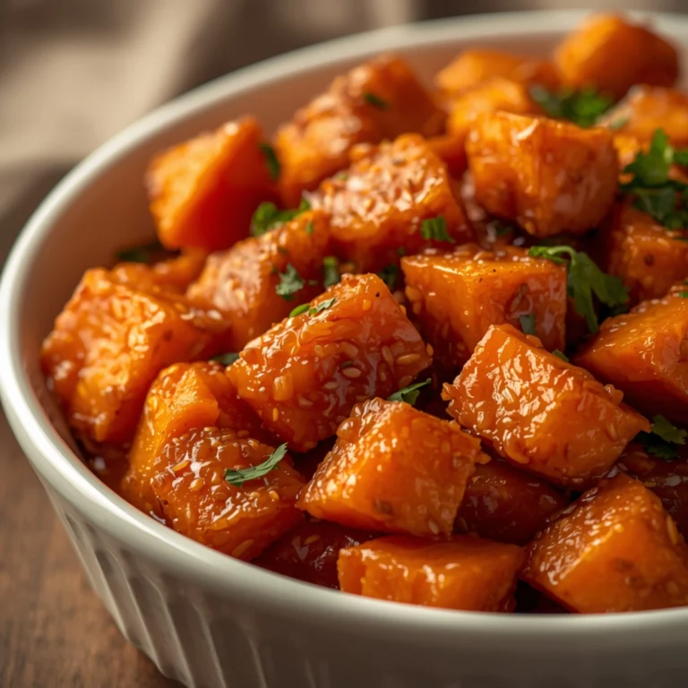Close-up of Slow Cooker Sweet Potatoes (No Foil) cooked in a Crockpot with fresh herbs and glossy sauce