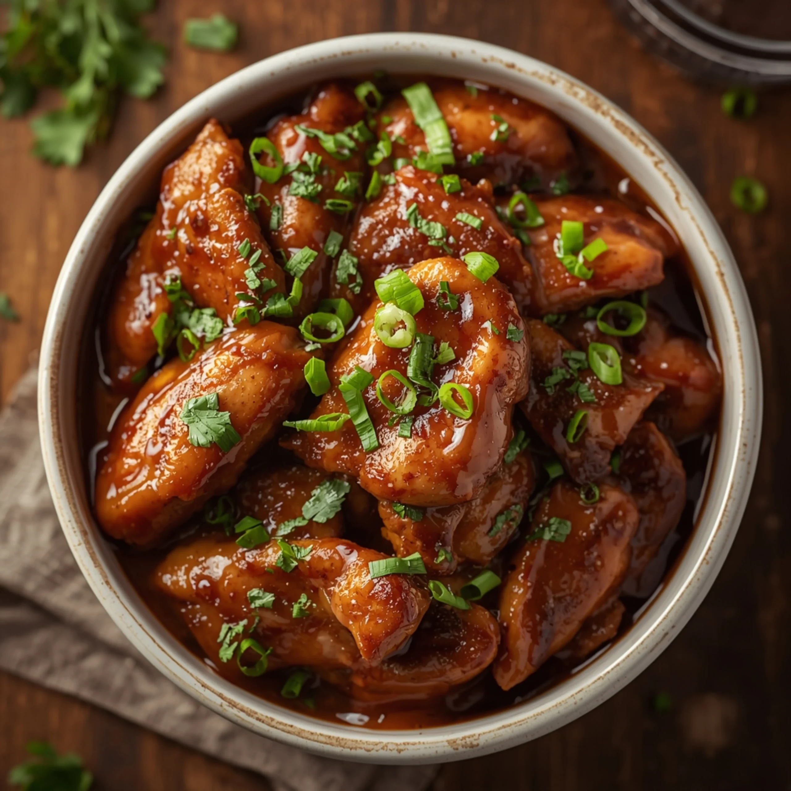 Close-up of Slow Cooker Teriyaki Chicken cooked in a Crockpot with fresh herbs and glossy sauce