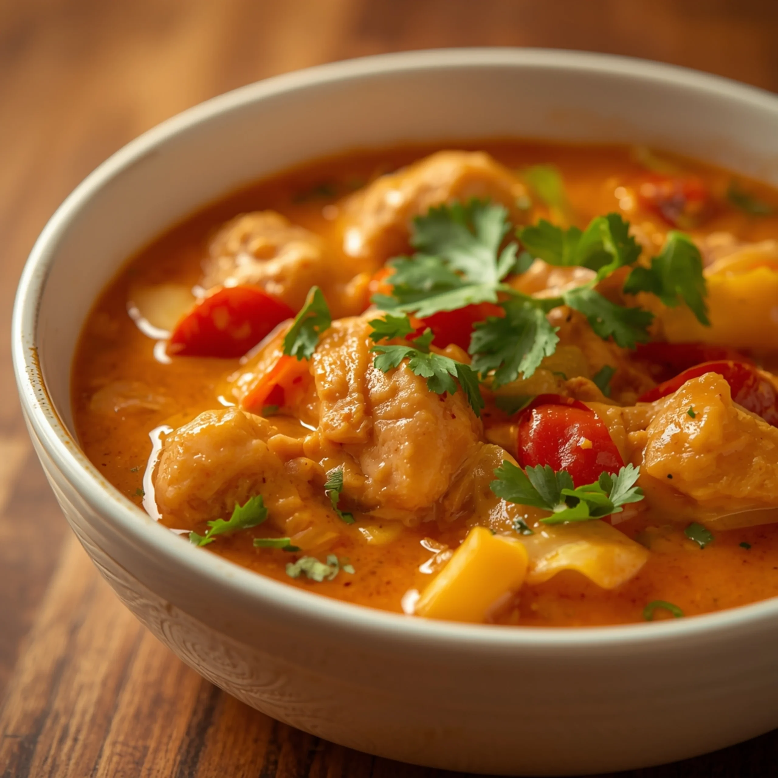 Close-up of Slow Cooker Thai Red Curry with fresh herbs and glossy sauce