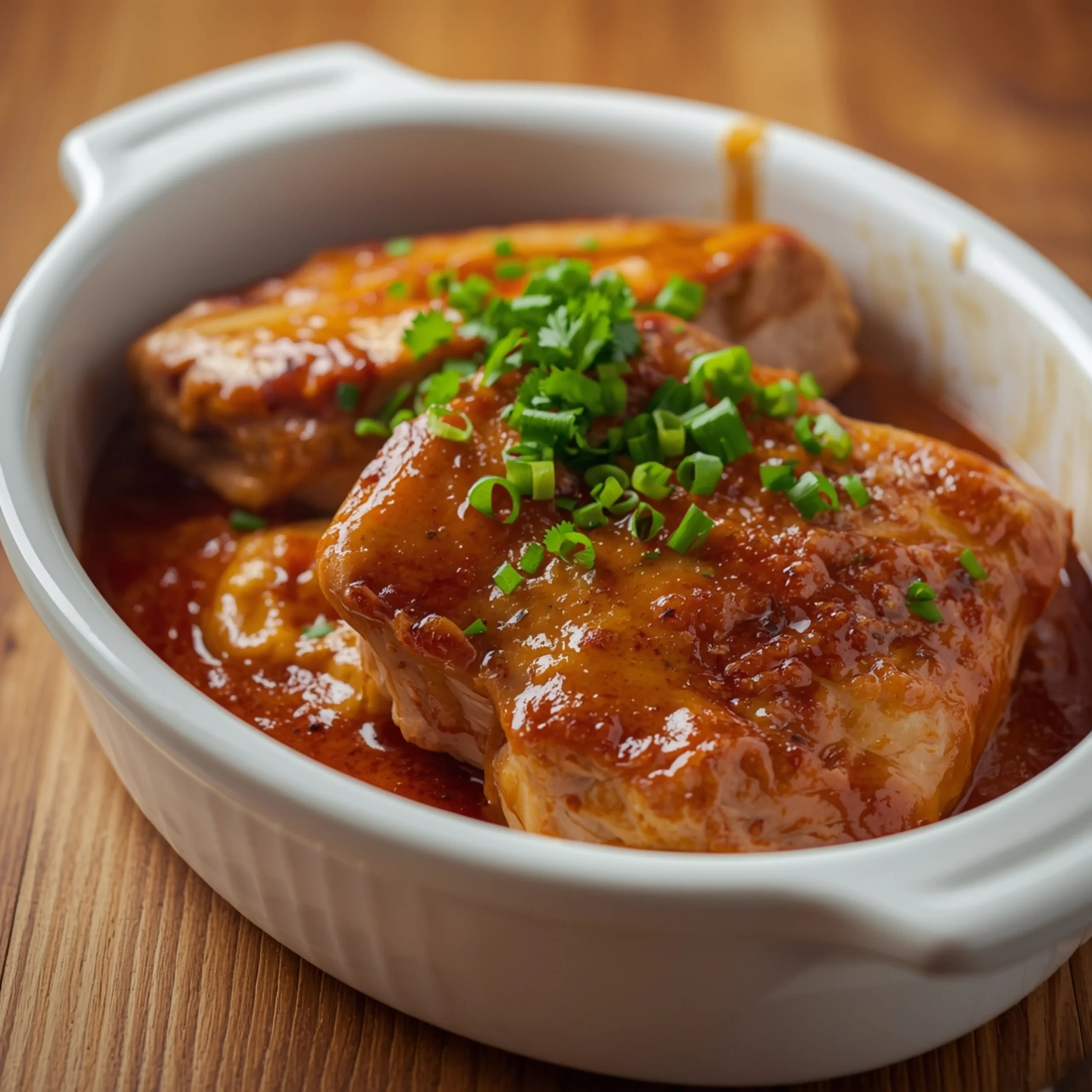 Close-up of Smothered Pork Chops cooked in a Crockpot with fresh herbs and glossy sauce