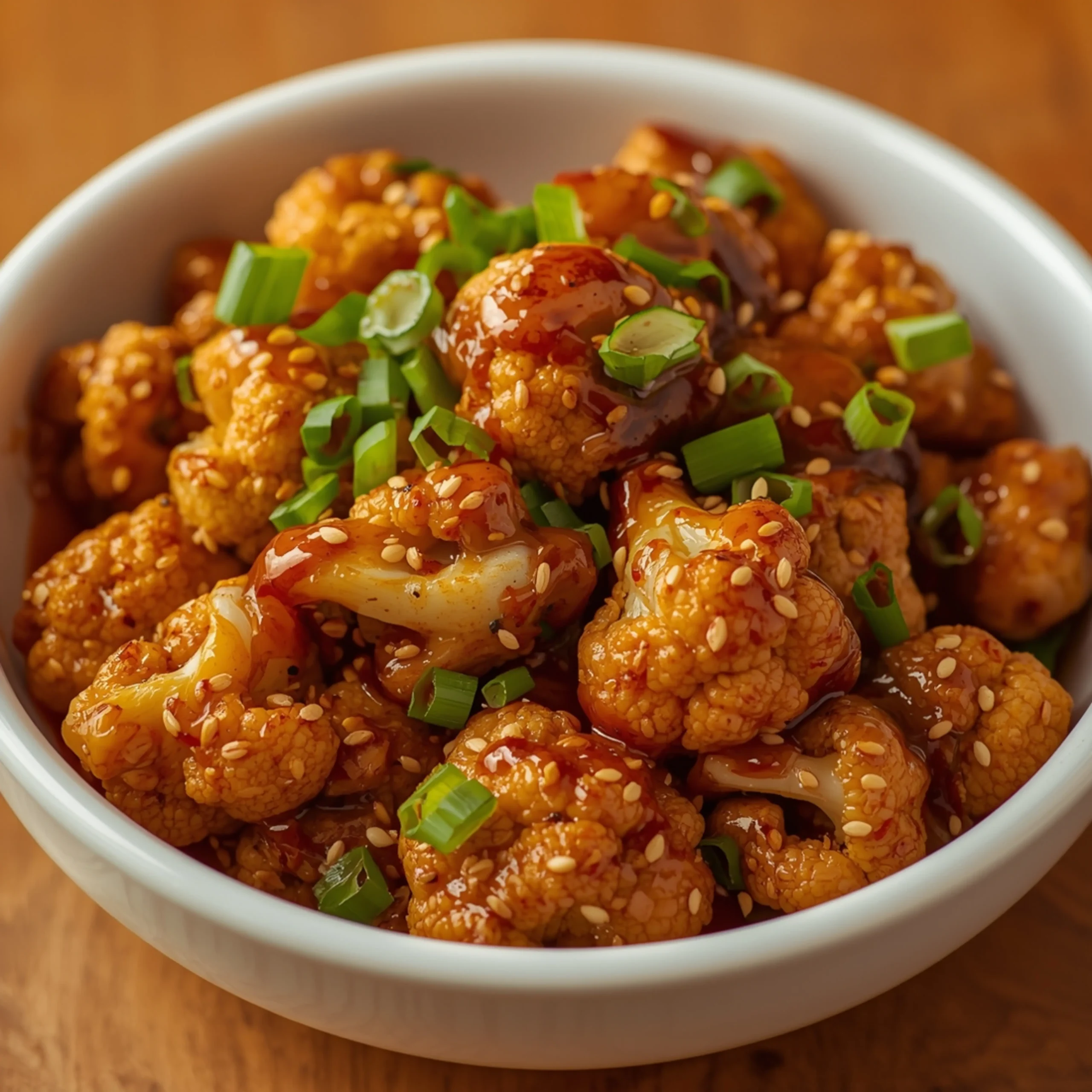 Close-up of Sticky Sesame Cauliflower with fresh herbs and glossy sauce