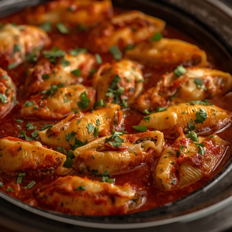 Close-up of Stuffed Shells cooked in a Crockpot with fresh herbs and glossy sauce