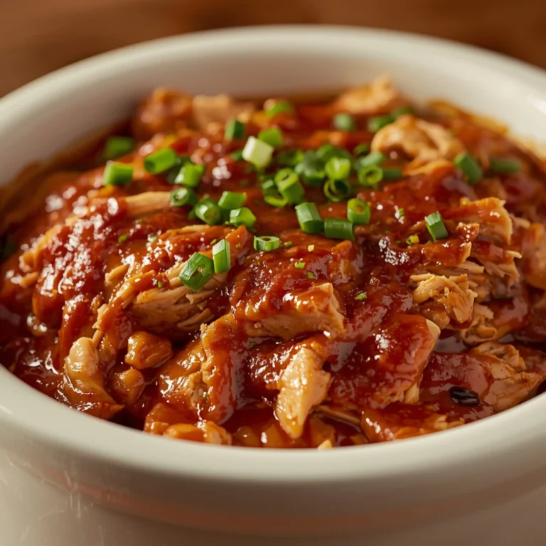 Close-up of Sweet Baby Ray’s Crockpot Chicken cooked in a Crockpot, coated in glossy BBQ sauce, garnished with fresh green onions and parsley.