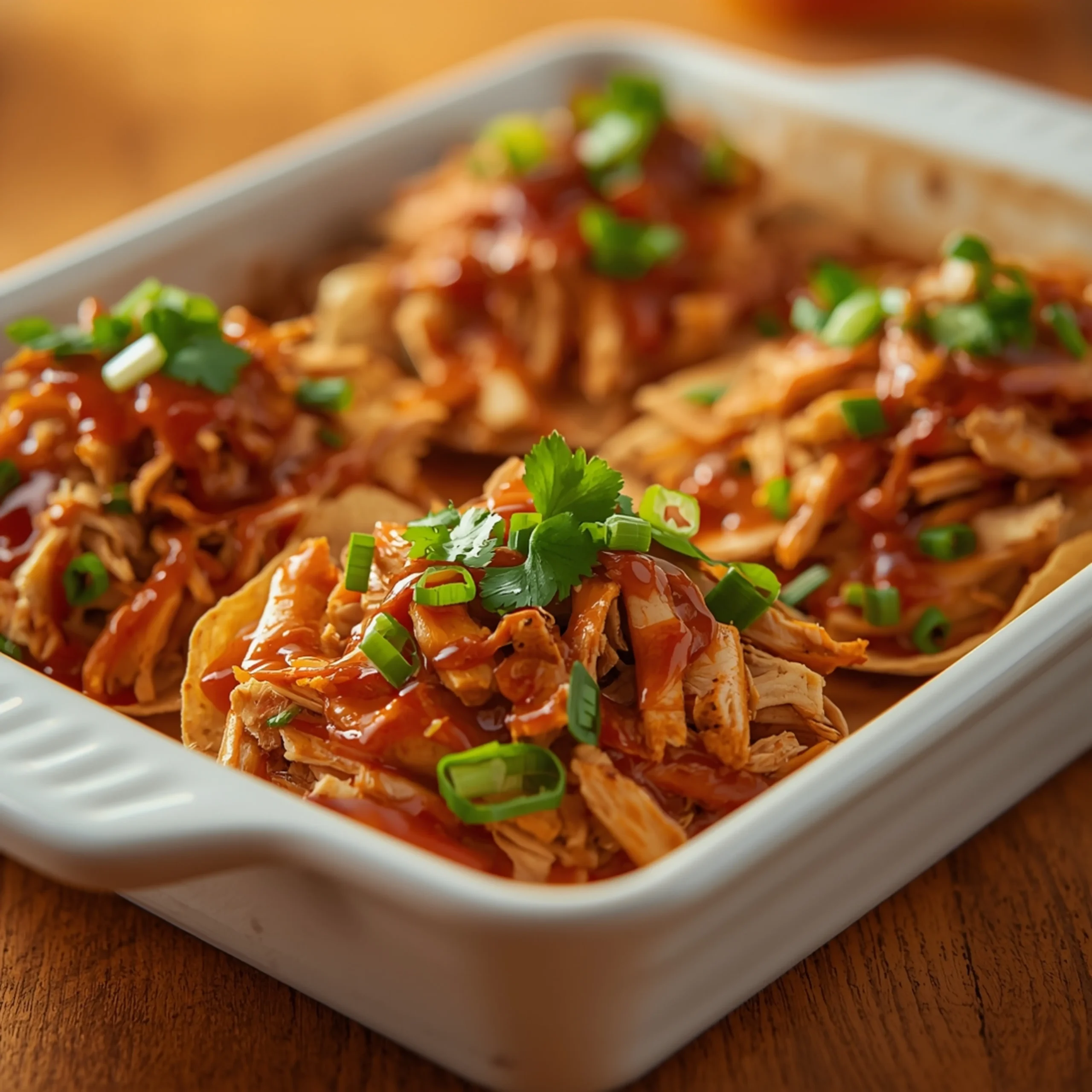 Close-up of Tasty Rotisserie Chicken Tostadas with fresh herbs and glossy sauce