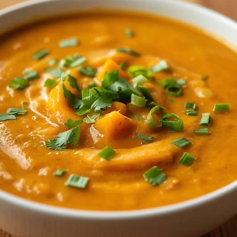Close-up of Thai Butternut Squash & Peanut Soup cooked in a Crockpot with fresh herbs and glossy sauce