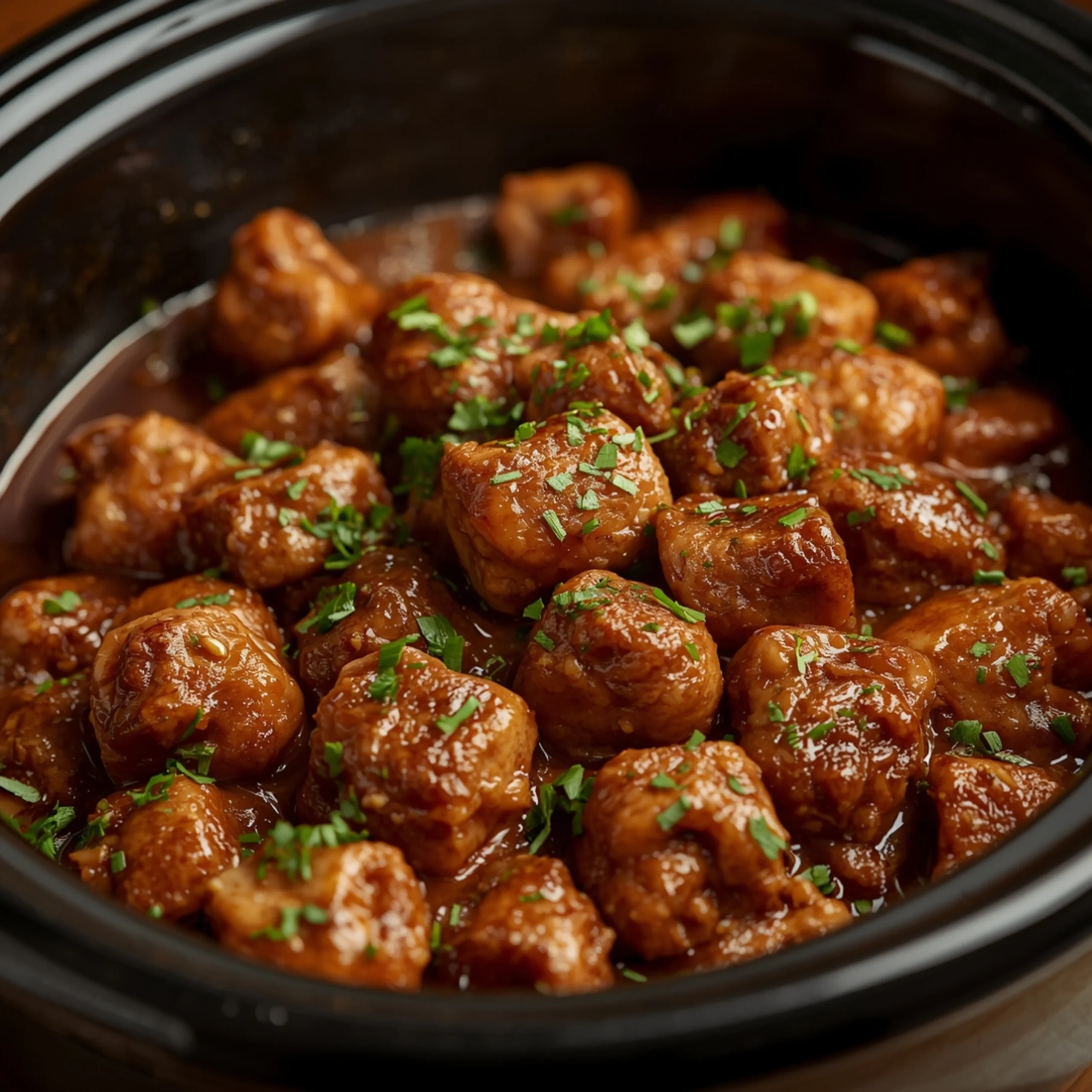 Close-up of cooked in a crockpot, topped with fresh herbs and rich sauce