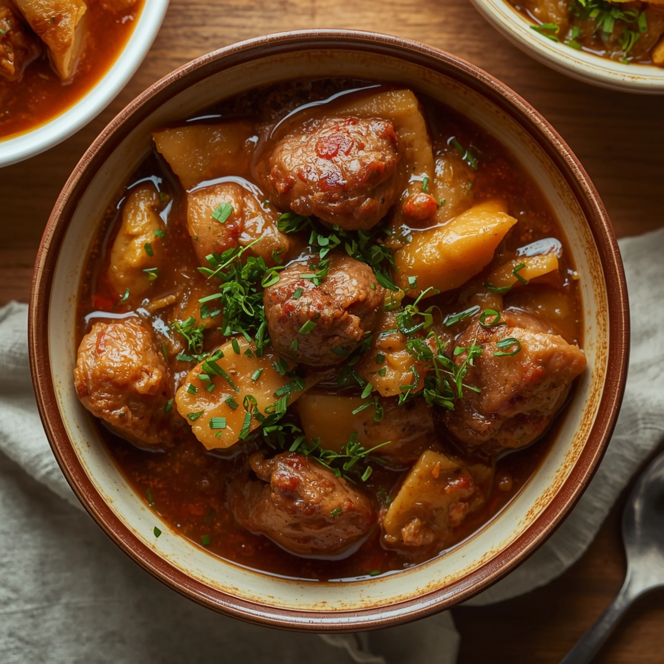 Close-up of cooked in a crockpot, topped with fresh herbs and rich sauce
