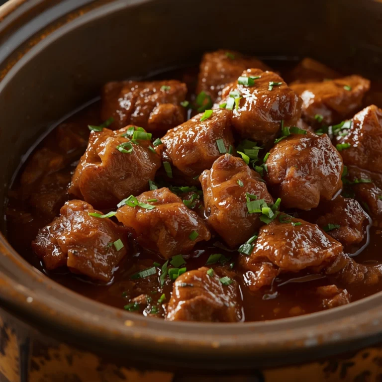 Close-up of cooked in a crockpot, topped with fresh herbs and rich sauce