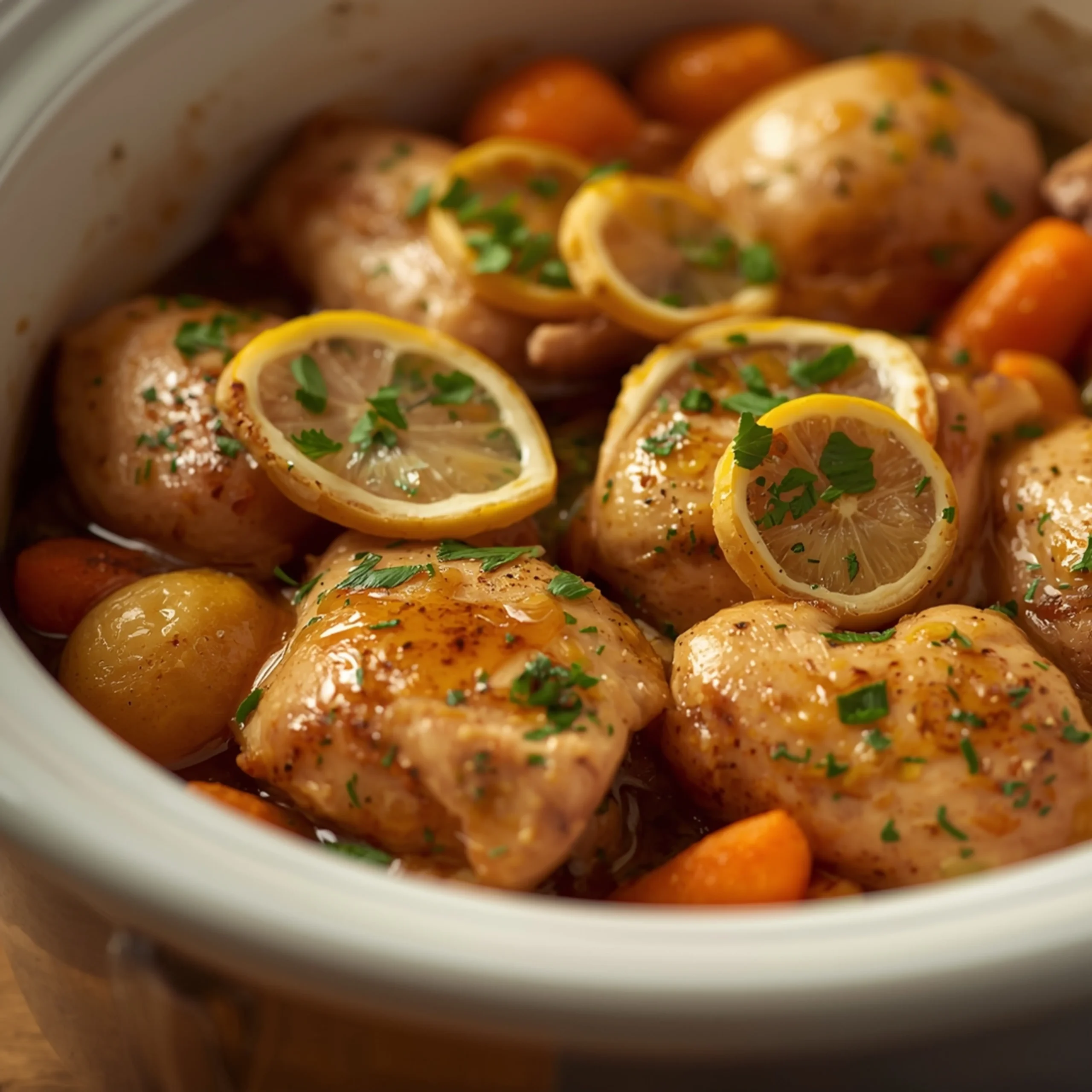 Close-up of Crockpot Lemon Herb Chicken cooked in a Crockpot with fresh parsley, lemon slices, and glossy sauce