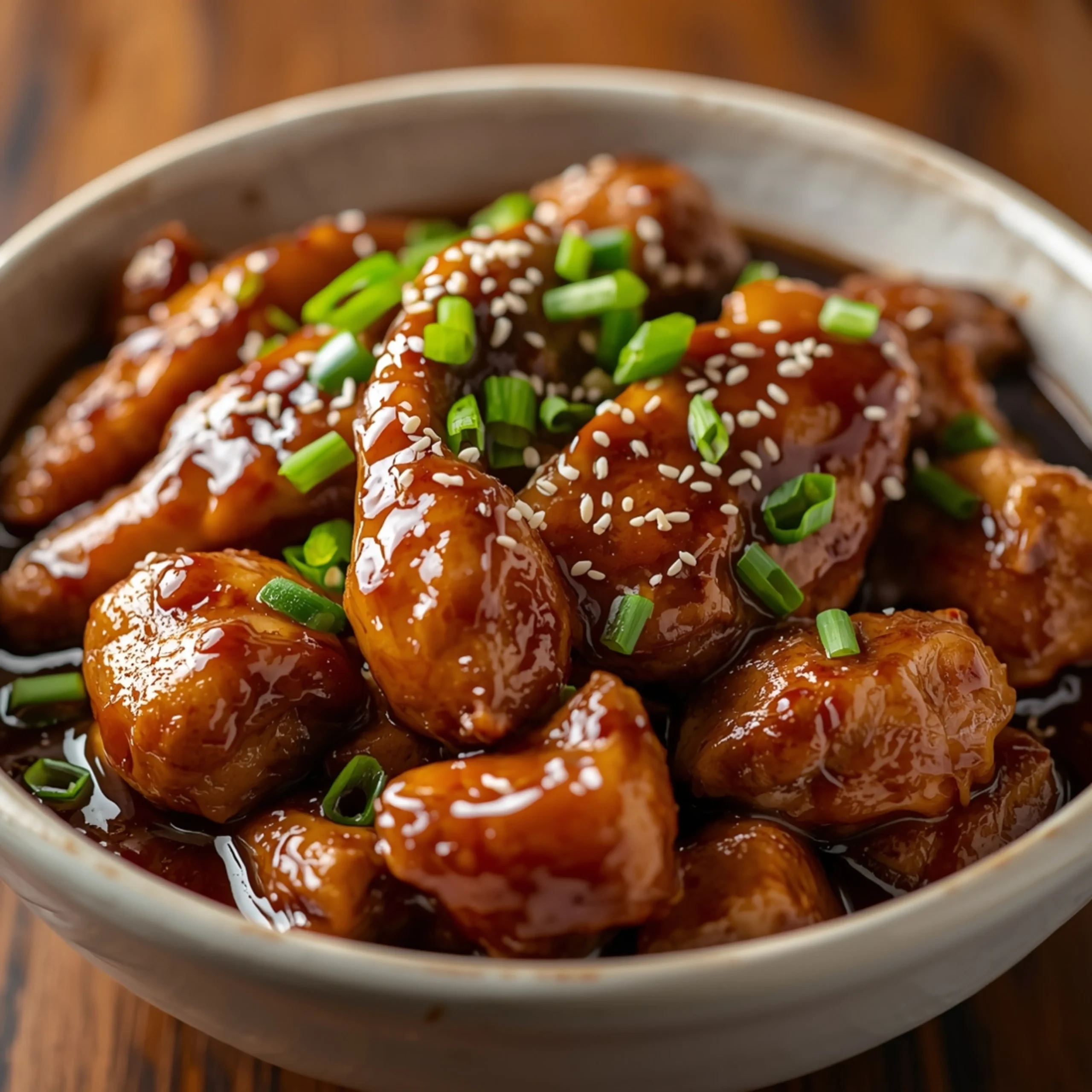 Close-up of Chicken Teriyaki cooked in a Crockpot with fresh green onions and glossy sauce