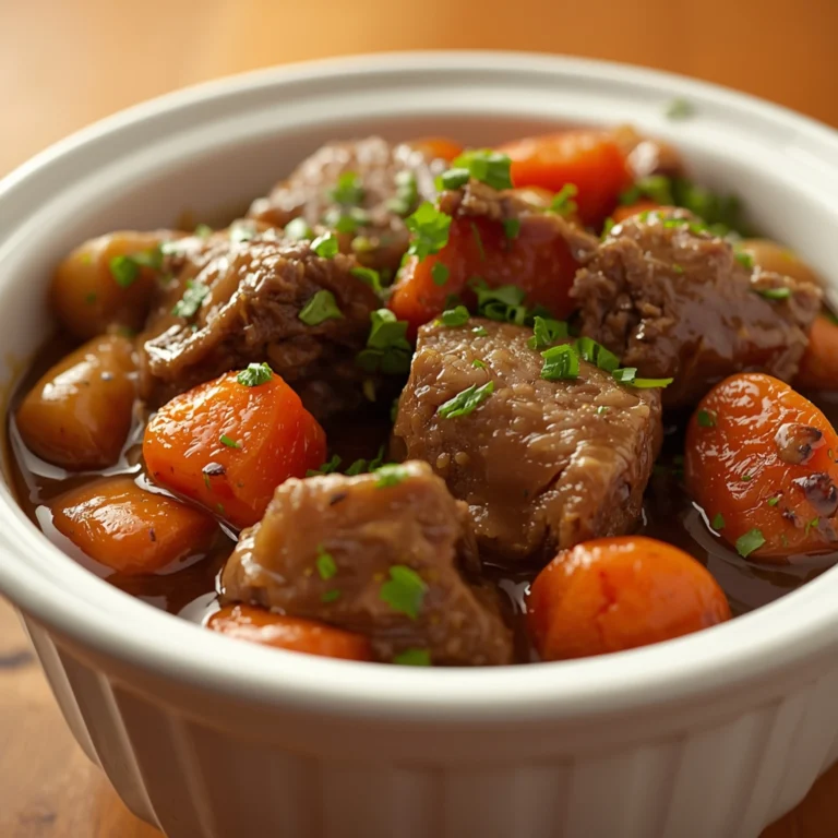 Close-up of Crockpot Pot Roast cooked in a white ceramic bowl with fresh parsley and glossy gravy