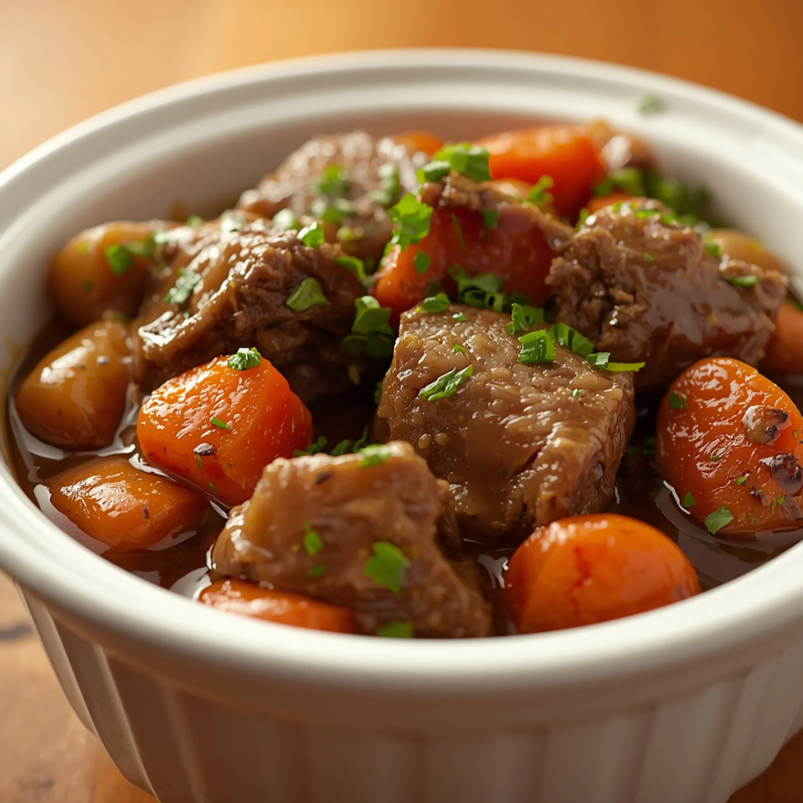 Close-up of Crockpot Pot Roast cooked in a white ceramic bowl with fresh parsley and glossy gravy