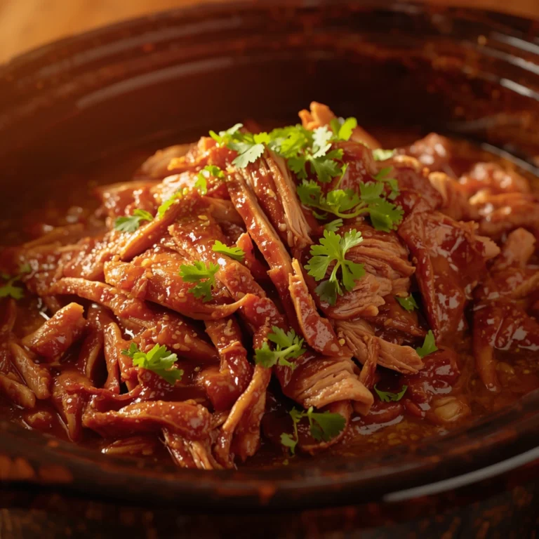 Close-up of Pulled Pork cooked in a Crockpot with fresh herbs and glossy sauce