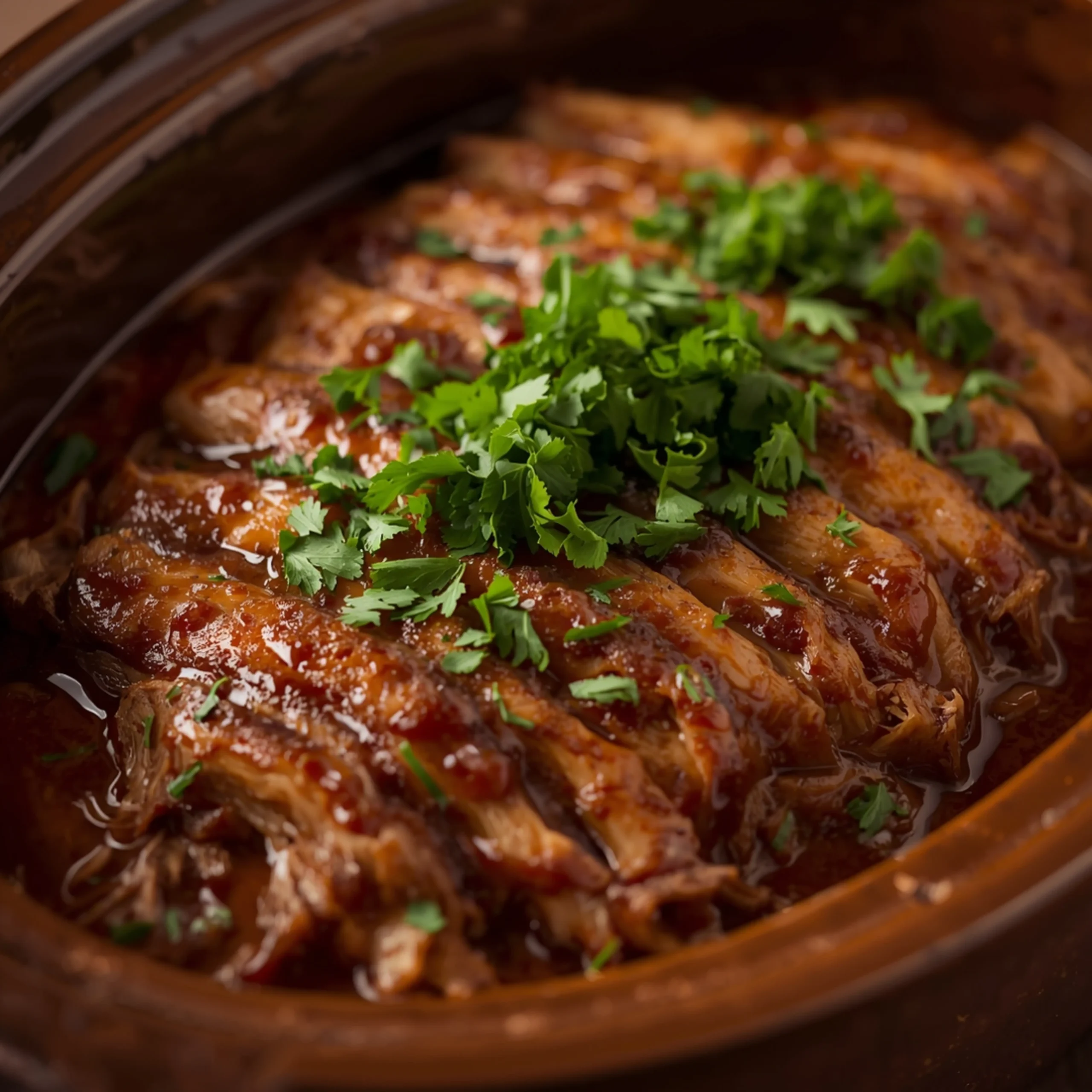 Close-up of Crockpot Pulled Pork cooked in a rustic stoneware crockpot with fresh parsley and glossy BBQ sauce