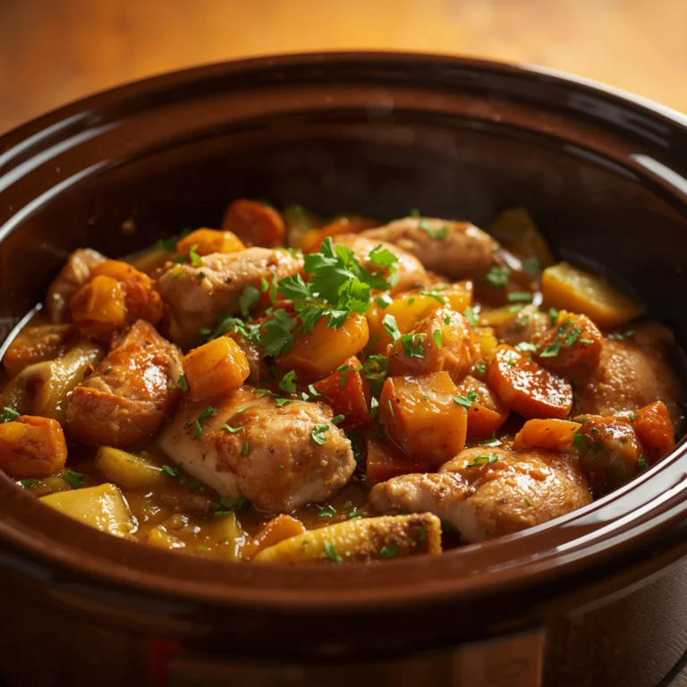 Close-up of Crockpot Chicken and Vegetables cooked in a Crockpot with fresh herbs and glossy sauce