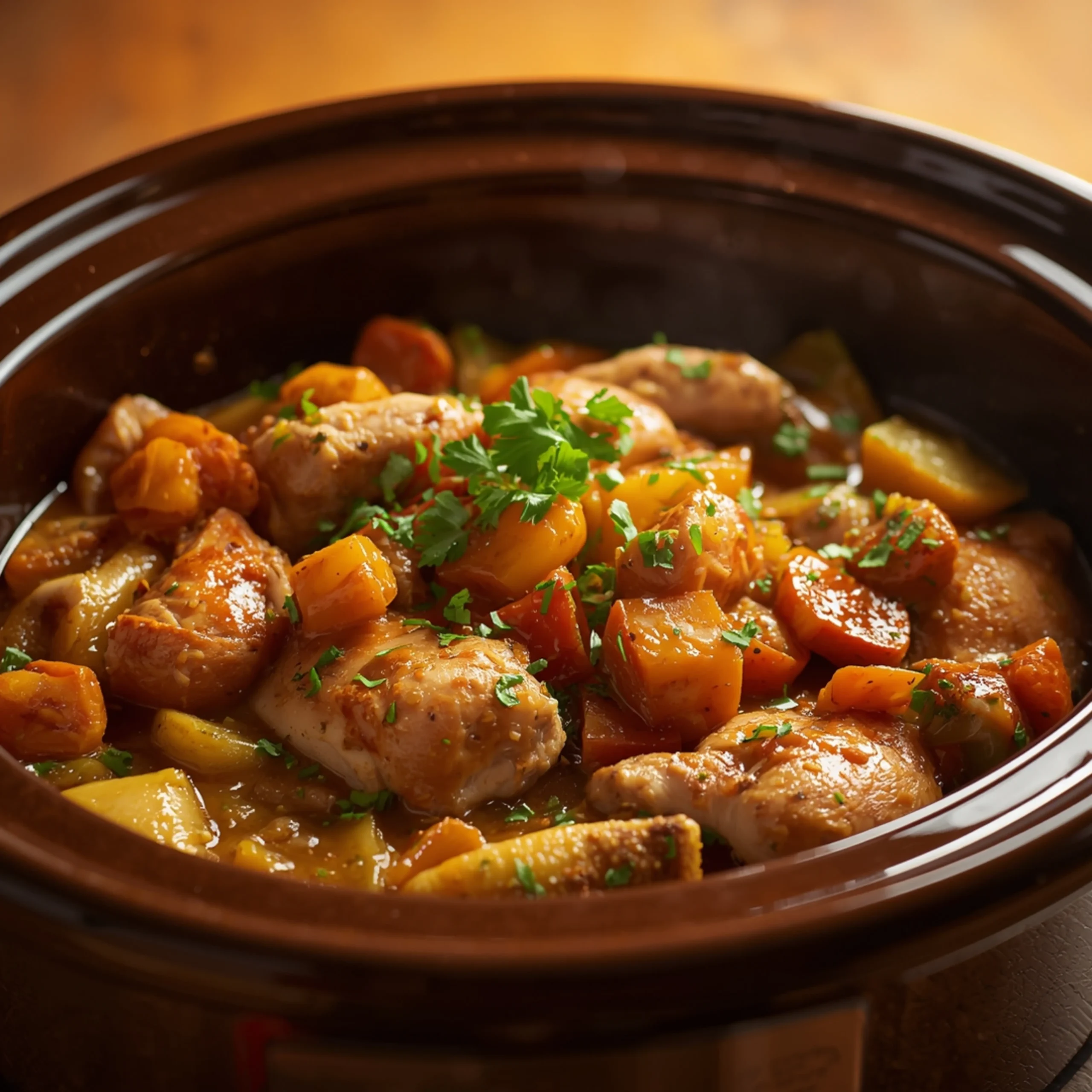 Close-up of Crockpot Chicken and Vegetables cooked in a Crockpot with fresh herbs and glossy sauce