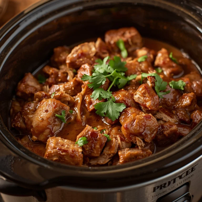 Close-up of Crockpot Pulled Pork with warm lighting and rich texture