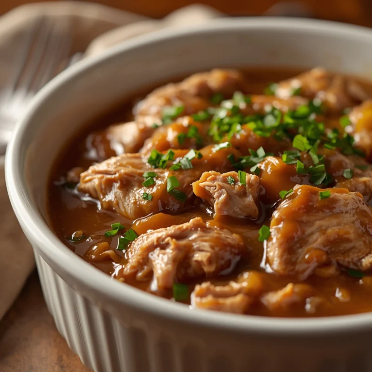 Close-up of Crockpot Chicken and Gravy with fresh parsley and glossy sauce