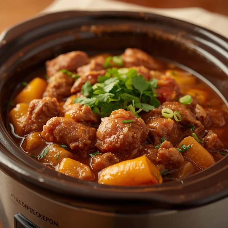 Close-up of a delicious Crockpot meal cooked in a Crockpot with fresh herbs and glossy sauce