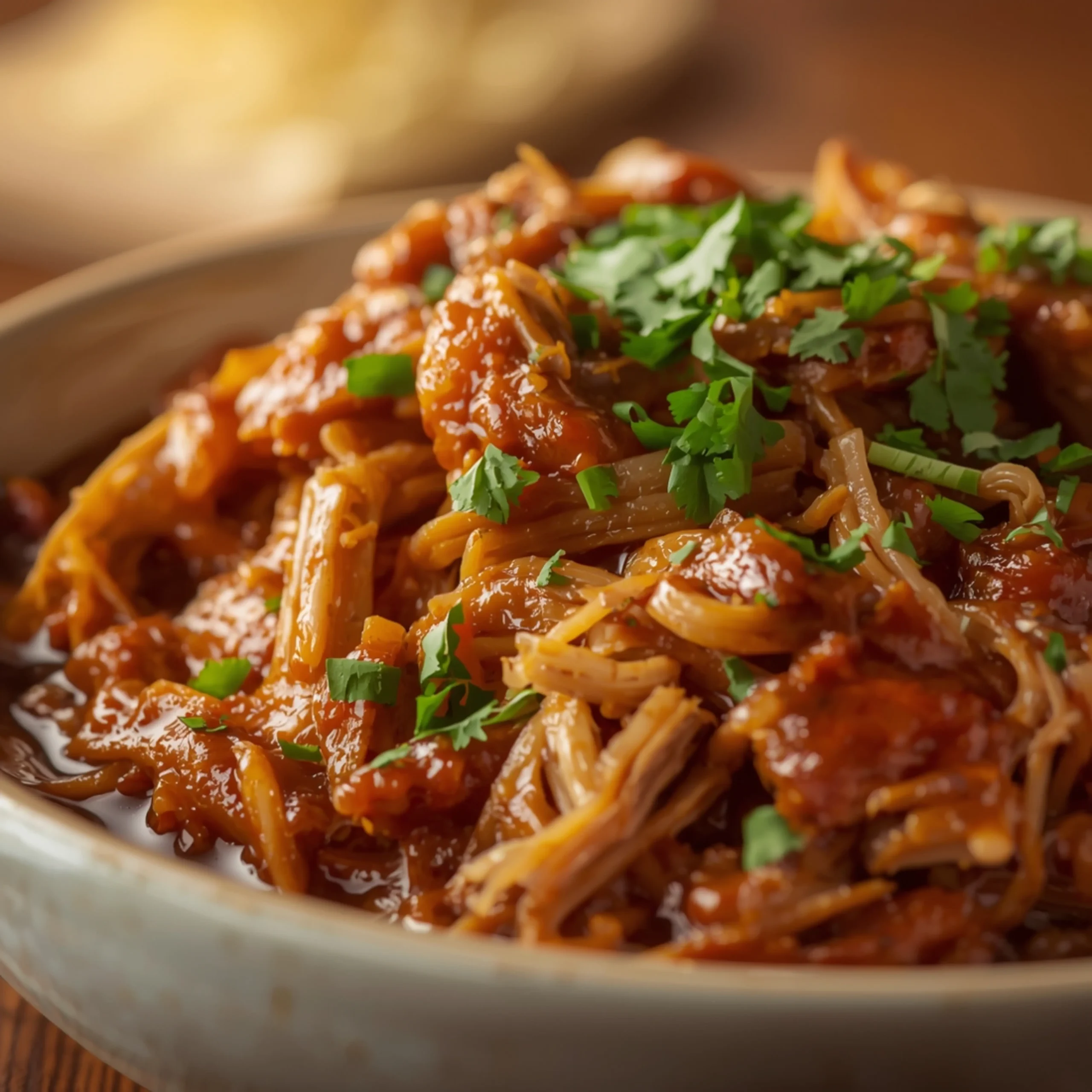 Close-up of Slow Cooker Pulled Pork cooked in a Crockpot with fresh cilantro and glossy sauce