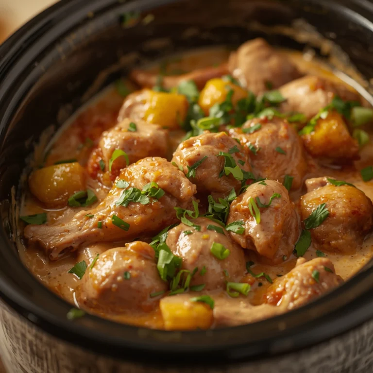 Close-up of Creamy Herb Chicken cooked in a Crockpot with fresh herbs and glossy sauce