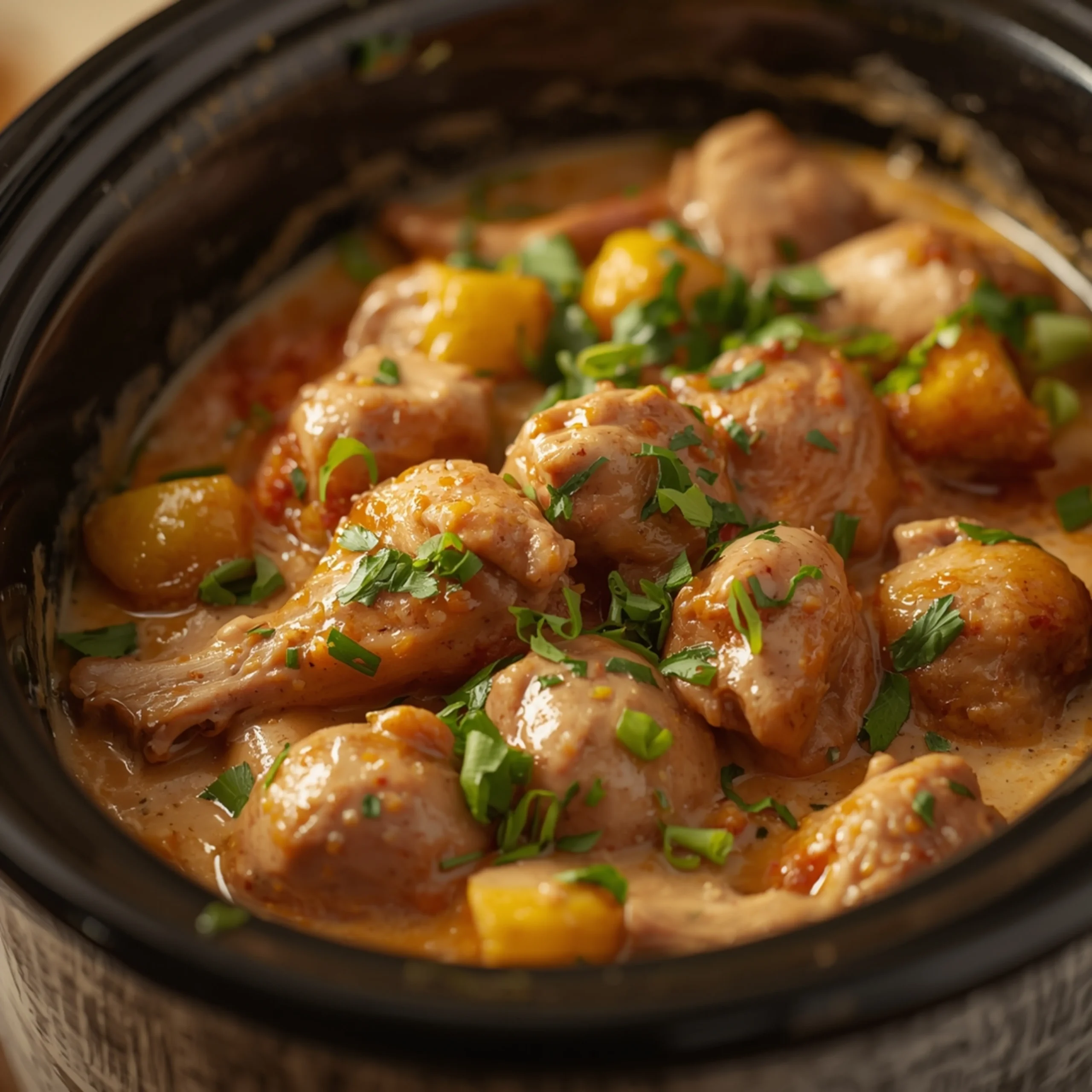 Close-up of Creamy Herb Chicken cooked in a Crockpot with fresh herbs and glossy sauce