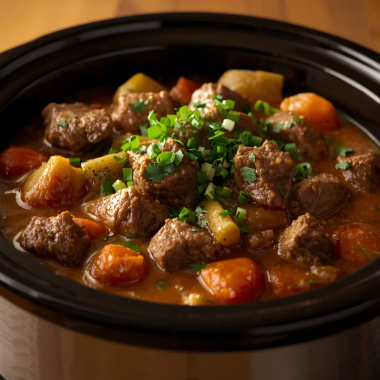Close-up of Hearty Beef Stew cooked in a Crockpot with fresh herbs and glossy sauce