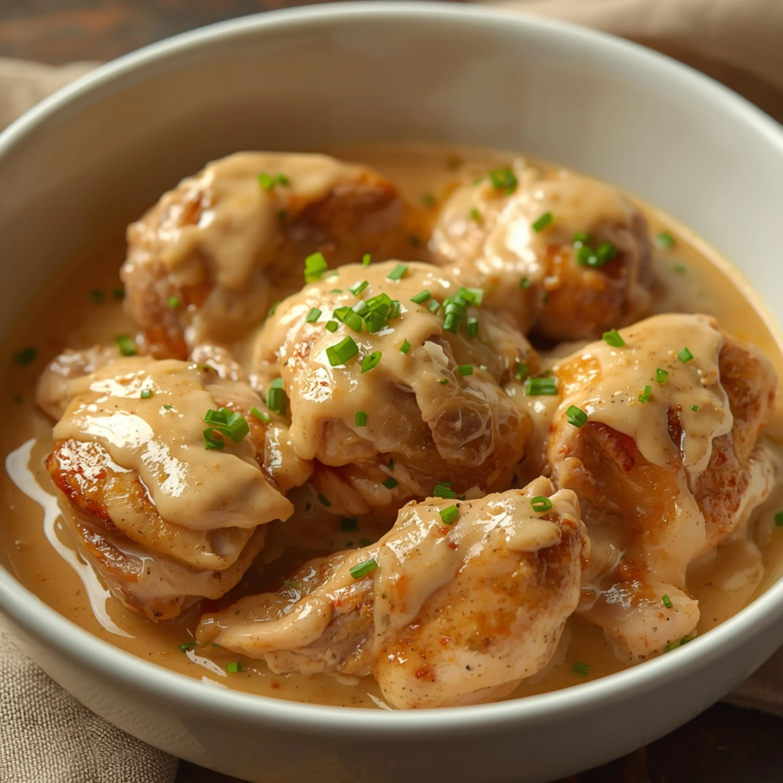 Close-up of Creamy Garlic Parmesan Crockpot Chicken Thighs cooked in a Crockpot with fresh herbs and glossy sauce