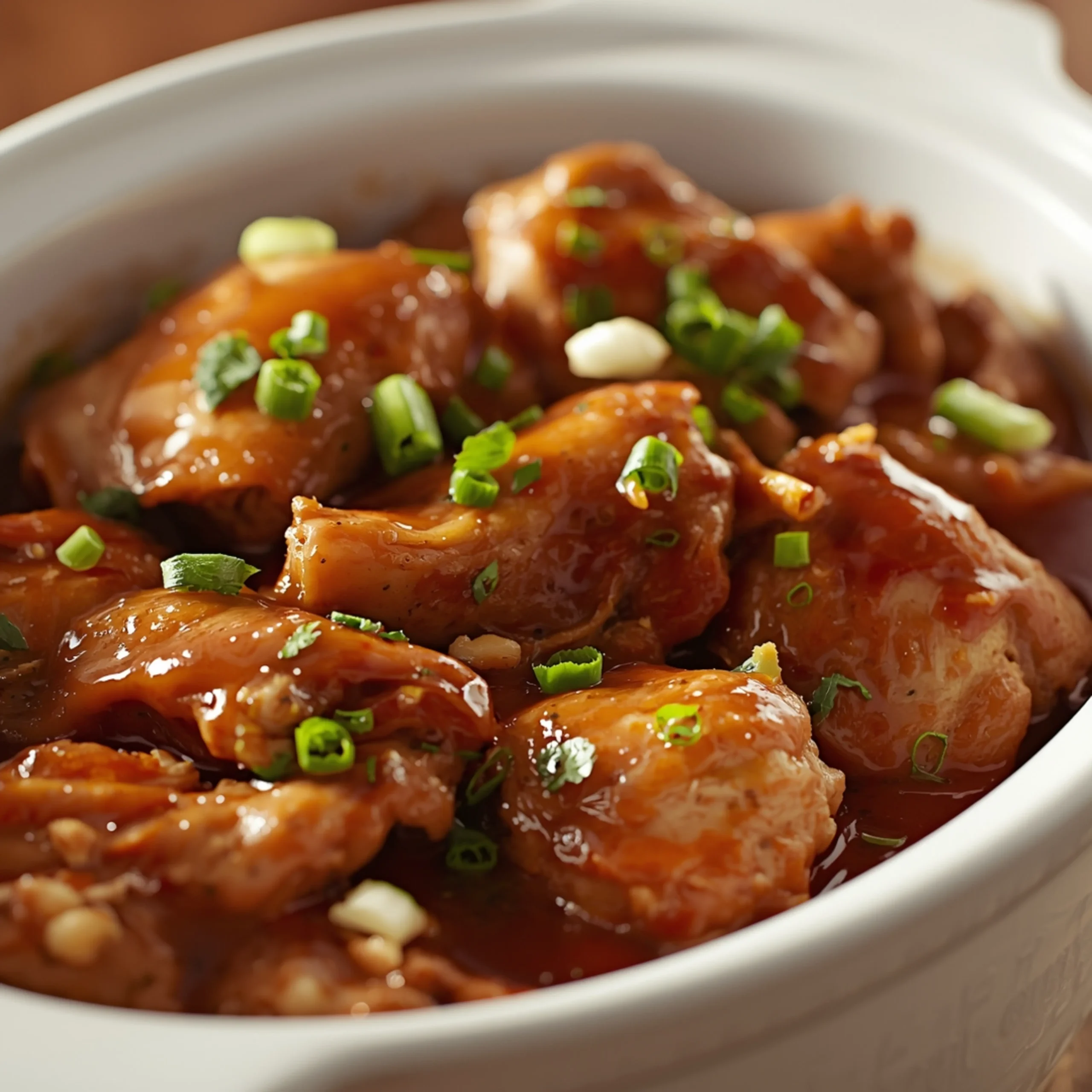 Close-up of Crockpot Chicken cooked in a Crockpot with fresh herbs and glossy sauce