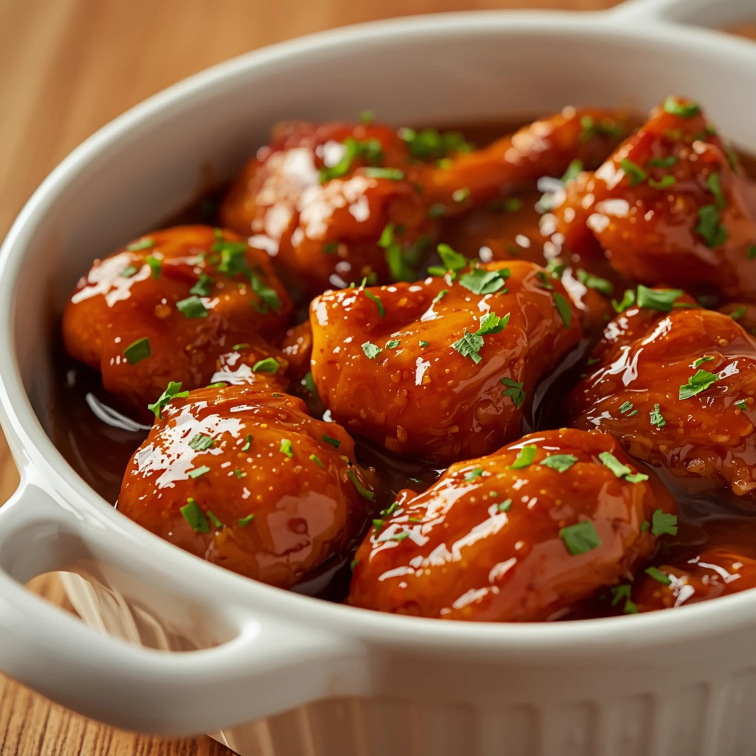 Close-up of Honey Garlic Chicken cooked in a Crockpot with fresh parsley and glossy honey garlic sauce