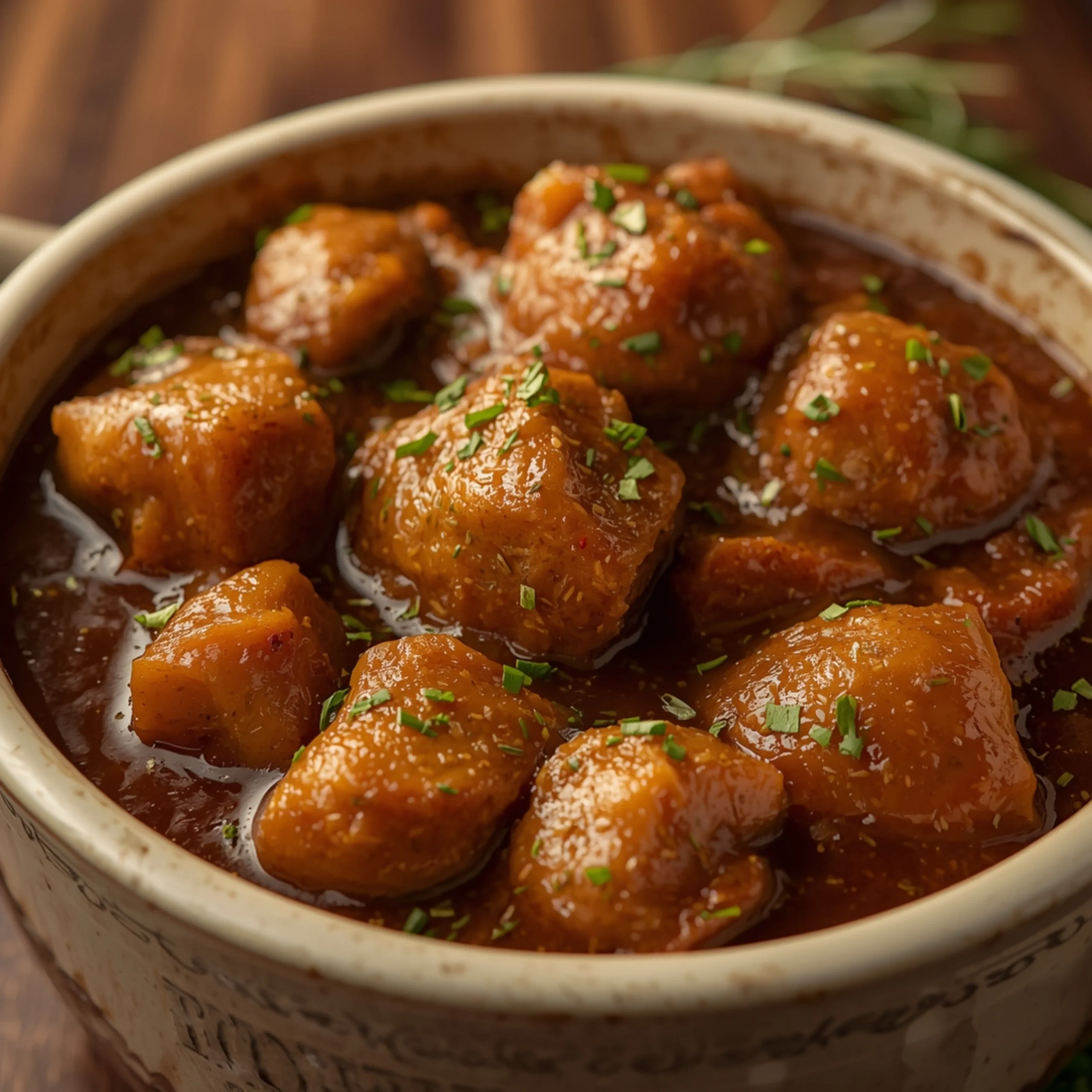Close-up of cooked in a crockpot, topped with fresh herbs and rich sauce