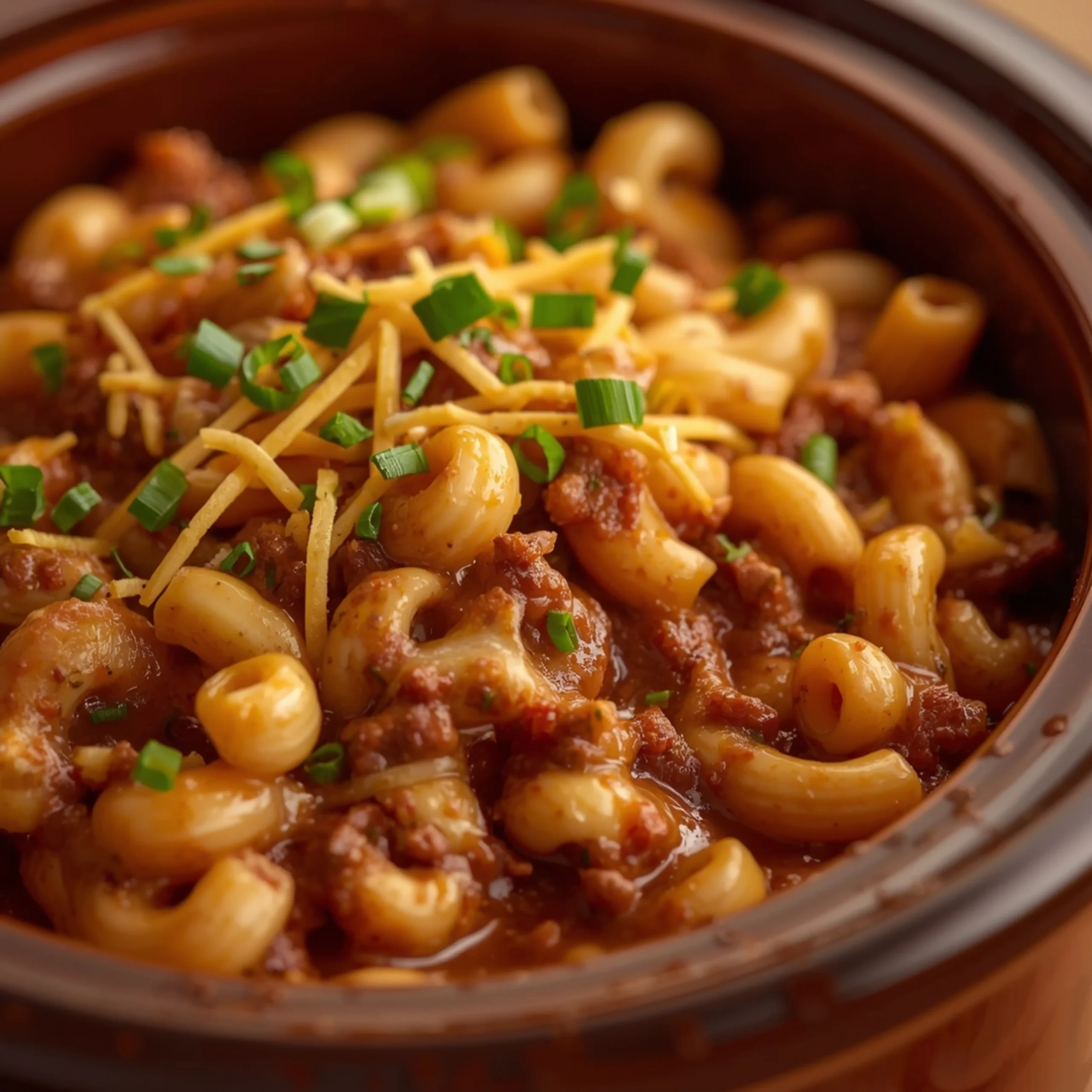 Close-up of Warm Up with Cheesy Crock Pot Chili Mac cooked in a Crockpot with fresh herbs and glossy sauce