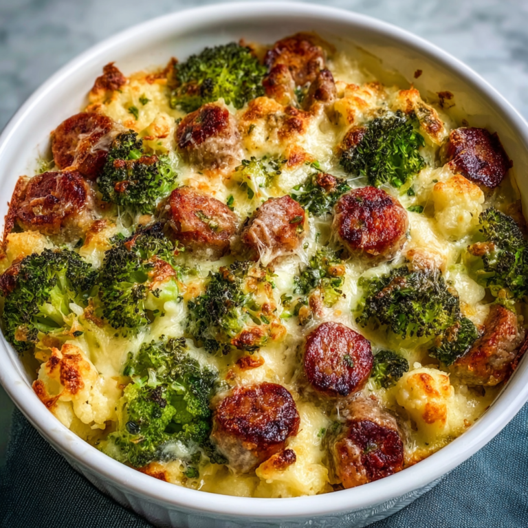 Creamy Keto Broccoli and Cauliflower Gratin with Sausage