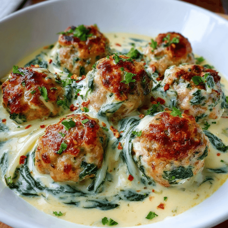 Tender Chicken Ricotta Meatballs in a Creamy Spinach Alfredo