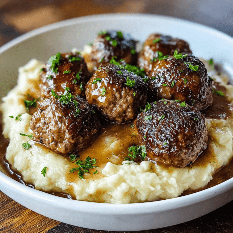 Easy Salisbury Steak Meatballs with Garlic Herb Mashed Potatoes