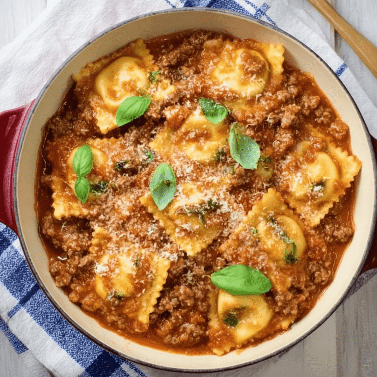 One Pot Ravioli with Creamy Tomato Beef Sauce