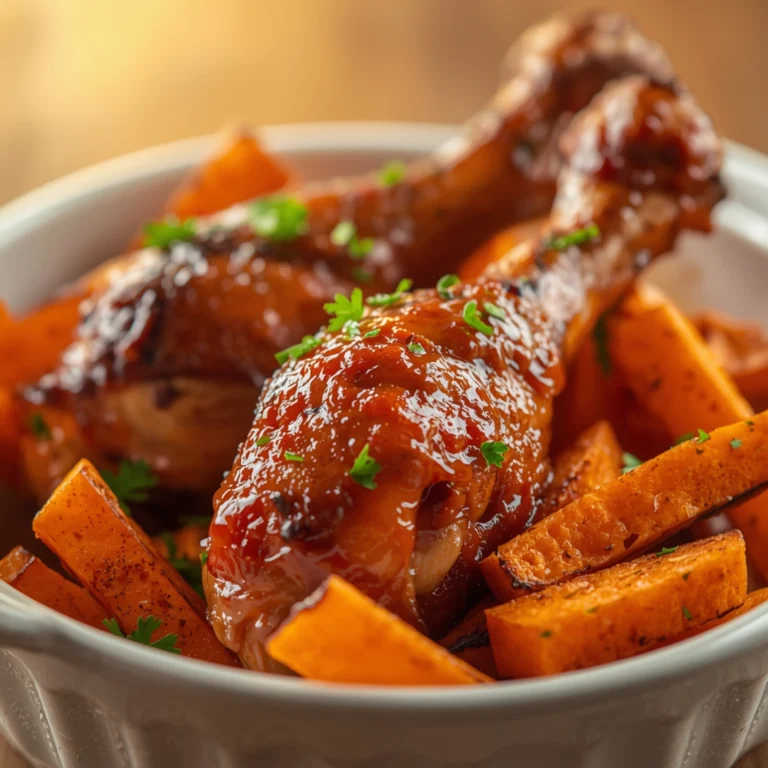 Close-up of Baked Chicken Drumsticks with Sweet Potato Fries with fresh herbs and glossy sauce