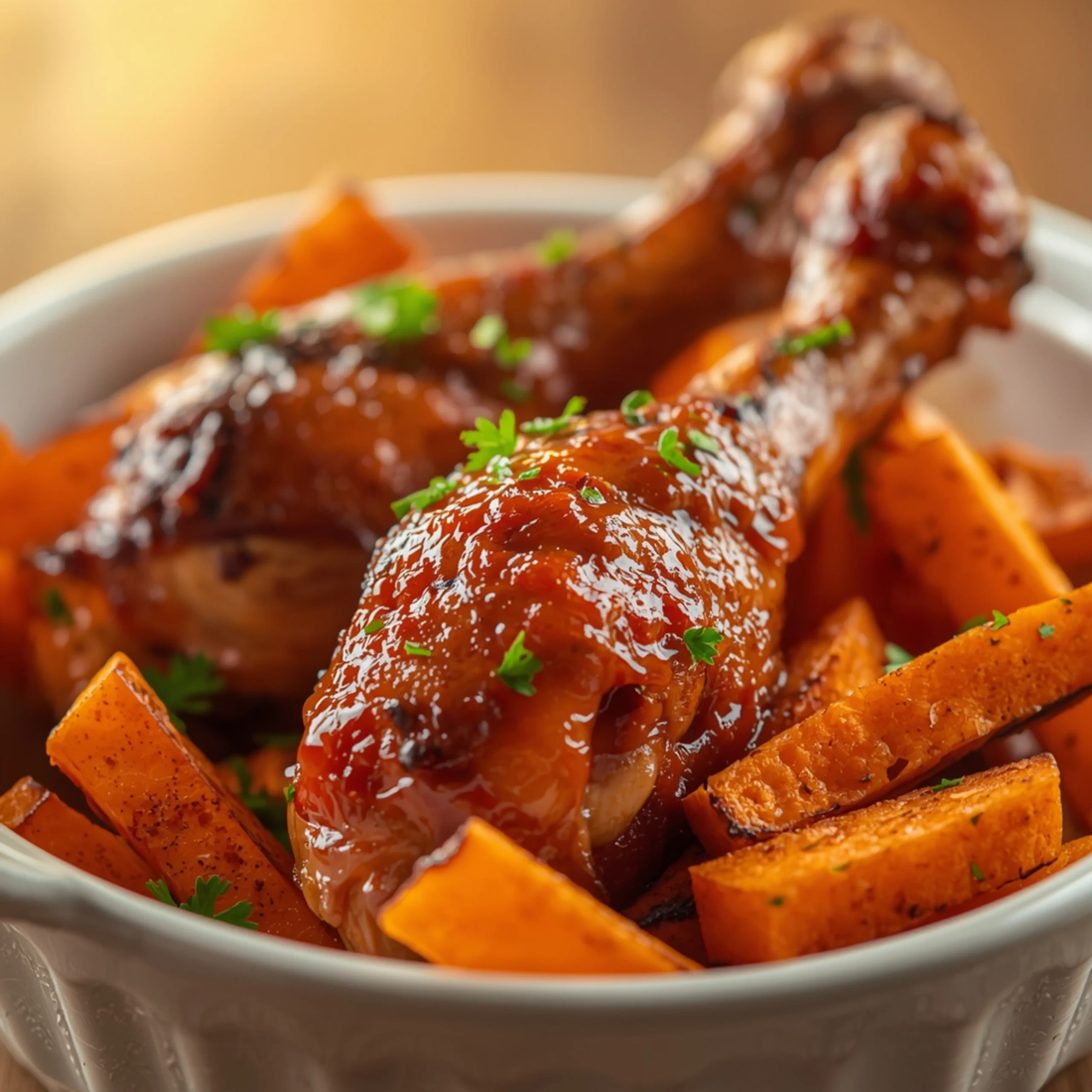 Close-up of Baked Chicken Drumsticks with Sweet Potato Fries with fresh herbs and glossy sauce