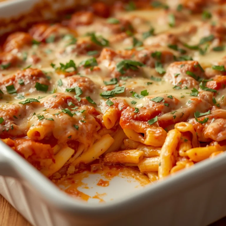 Close-up of Baked Ziti with Hidden Ricotta with fresh herbs and glossy sauce