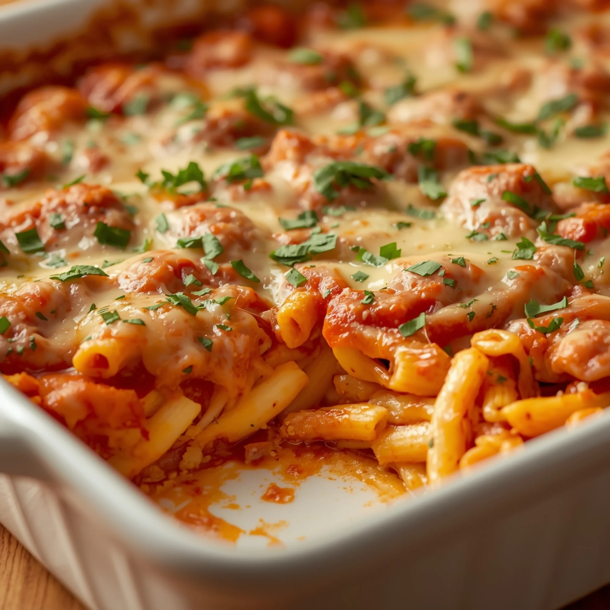 Close-up of Baked Ziti with Hidden Ricotta with fresh herbs and glossy sauce