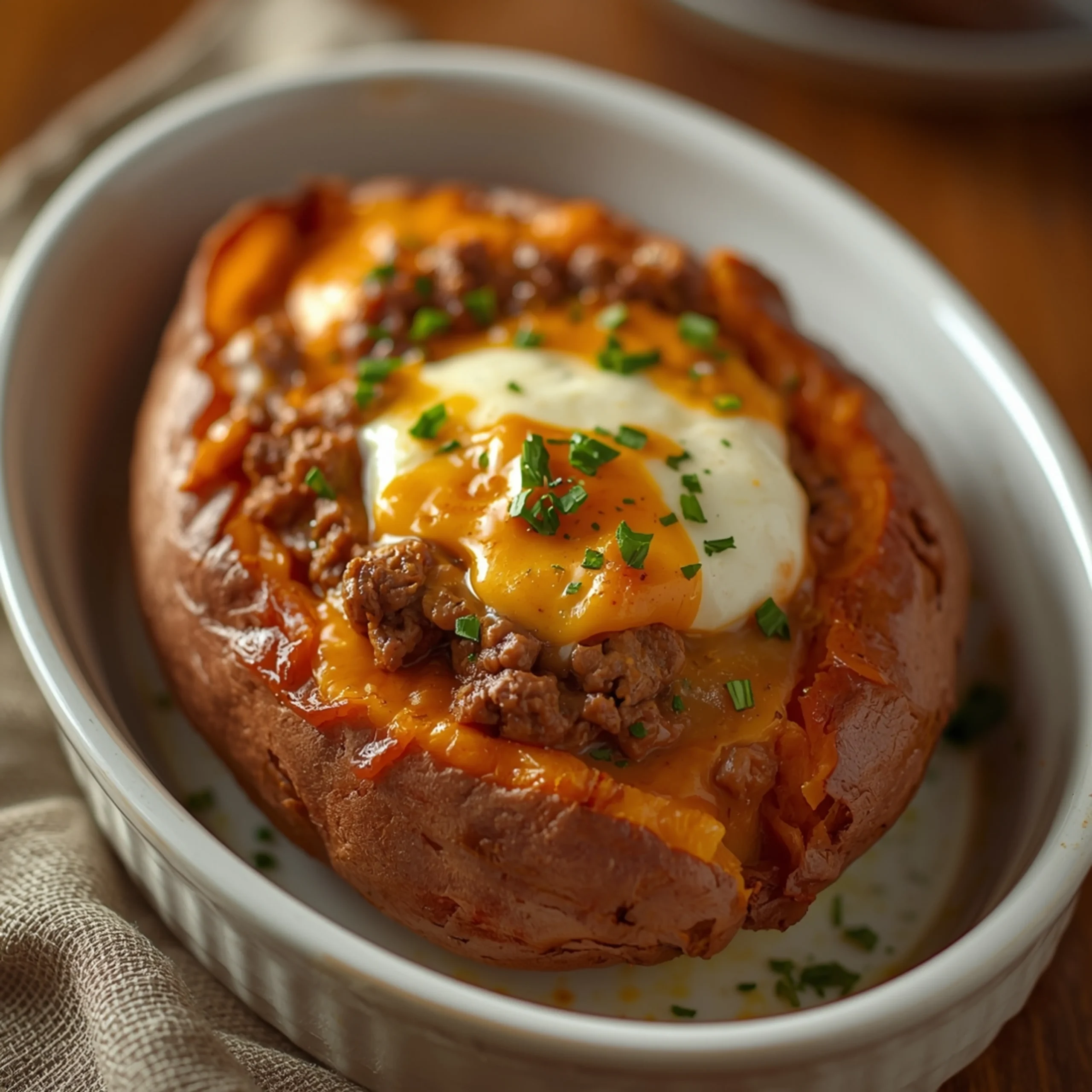 Close-up of Beef and Cheese Stuffed Sweet Potatoes with fresh herbs and glossy sauce
