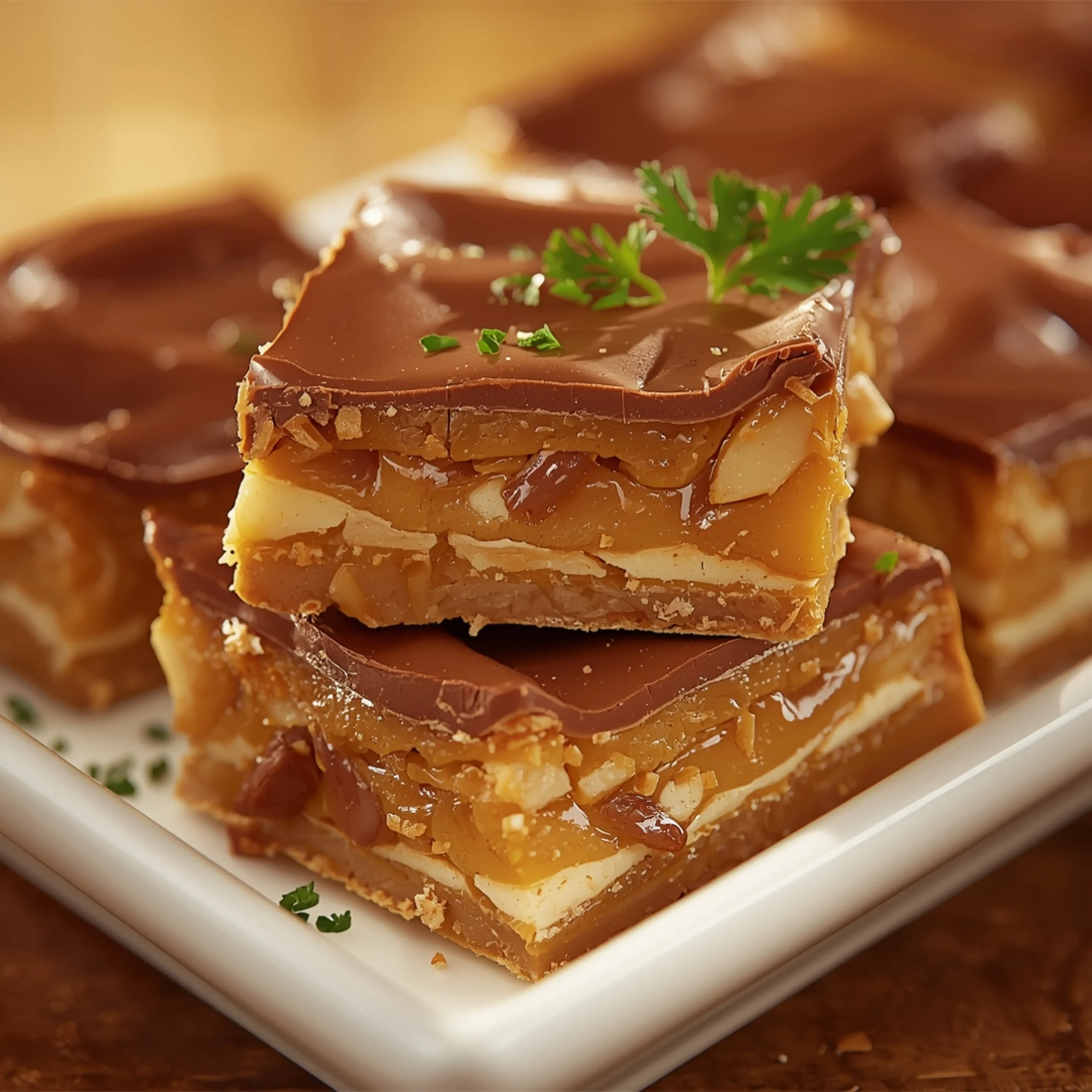 Close-up of Butterfinger Caramel Bars with a delicate parsley garnish and glossy caramel