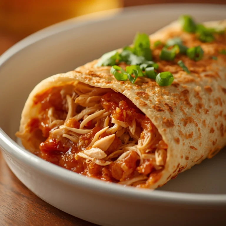 Close-up of a golden-brown Crockpot Chicken Crunch Wrap with fresh herbs and glossy sauce