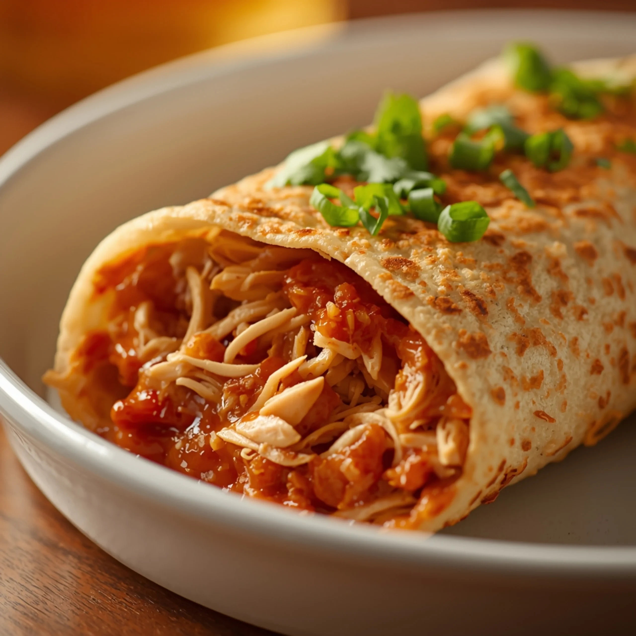 Close-up of a golden-brown Crockpot Chicken Crunch Wrap with fresh herbs and glossy sauce