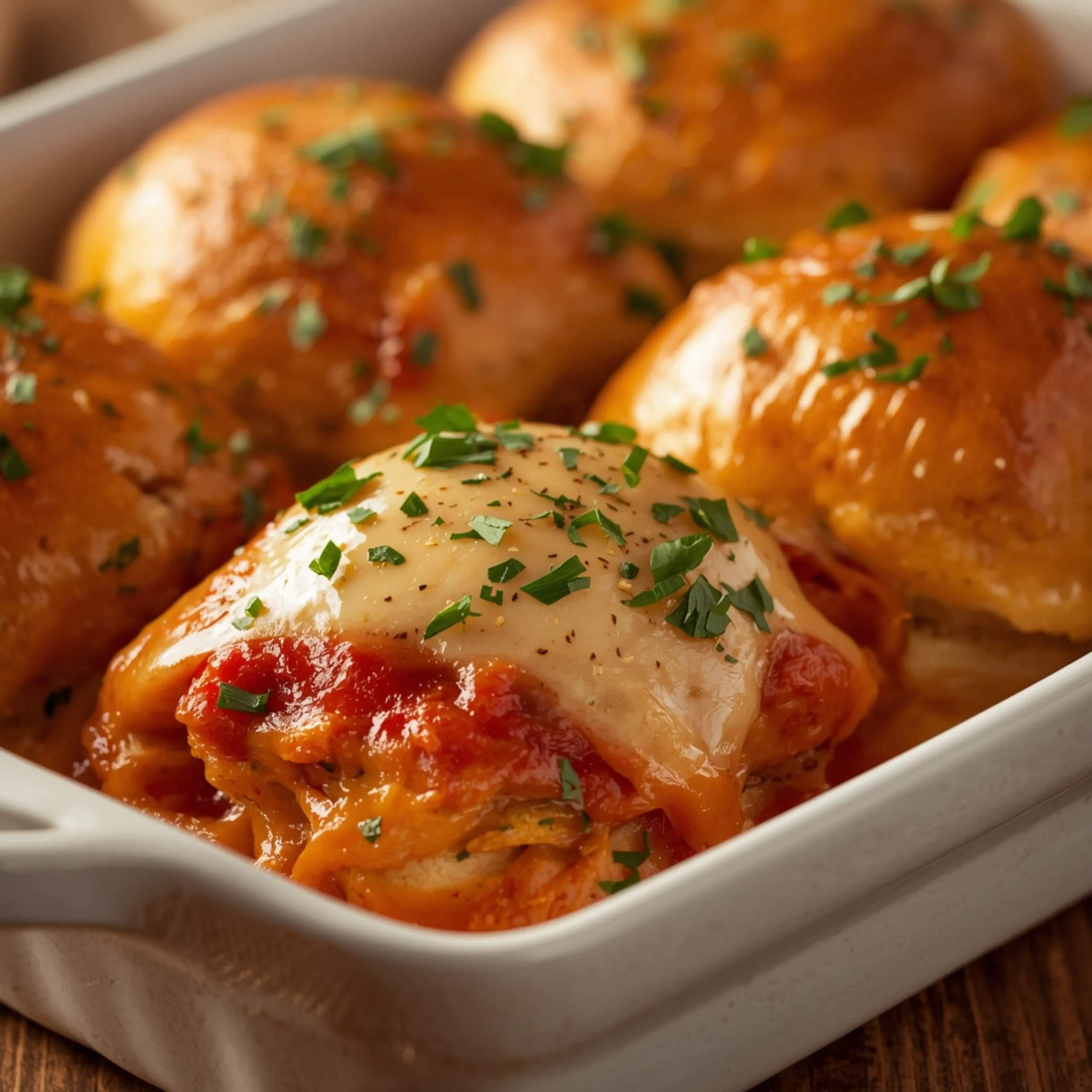 Close-up of Chicken Parmesan Sliders with fresh herbs and glossy sauce