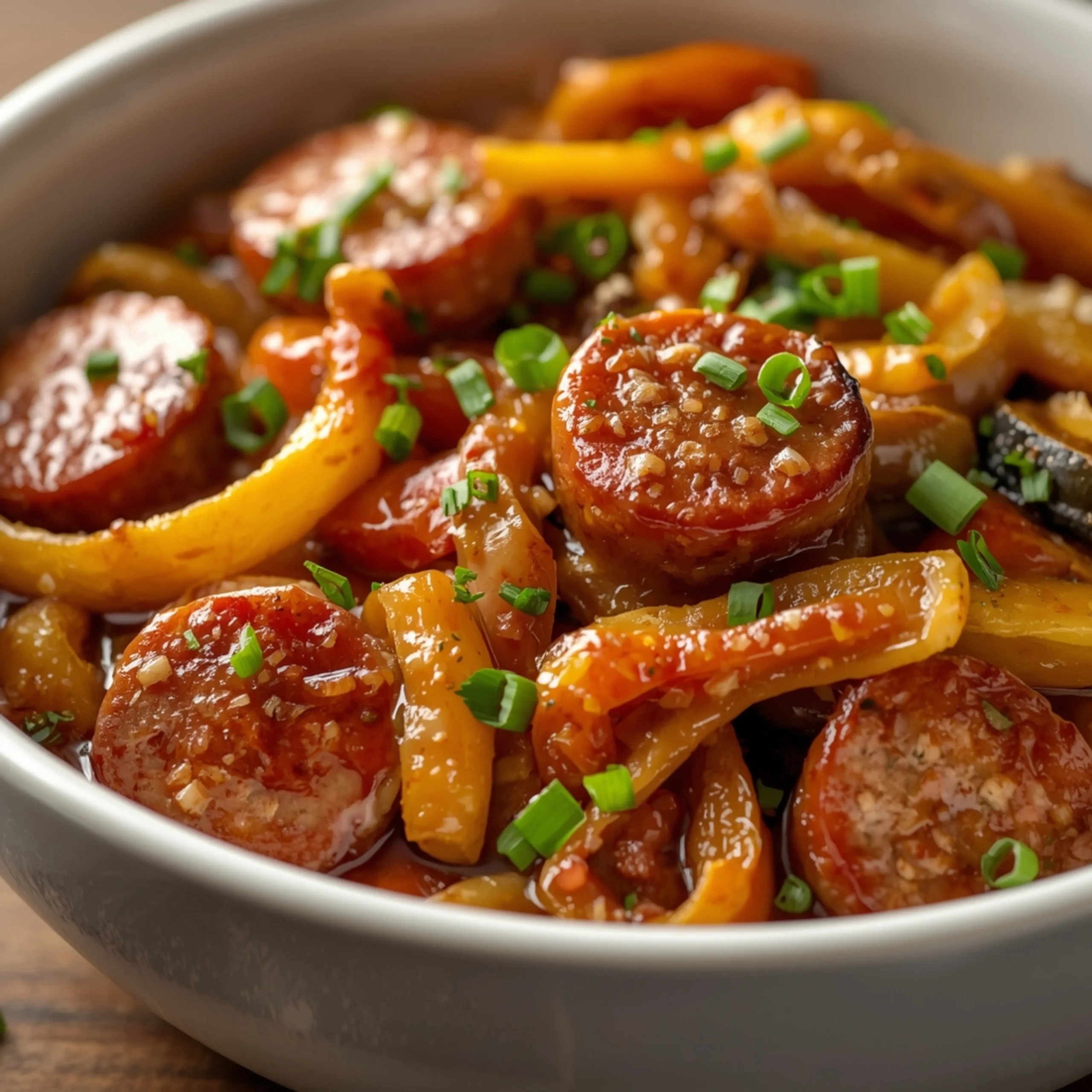 Close-up of Cozy Sausage Veggie Skillet Bowl Meal with fresh herbs and glossy sauce, served in a rustic white bowl.